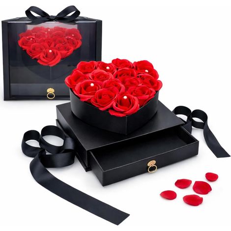 Scatola Regalo a forma di Cuore e 14 Rose Rosse Artificiali Profumate e Cassetto Porta Gioielli - 27x27x24,5 cm - Idea Romantica per San Valentino, An (1/5)
