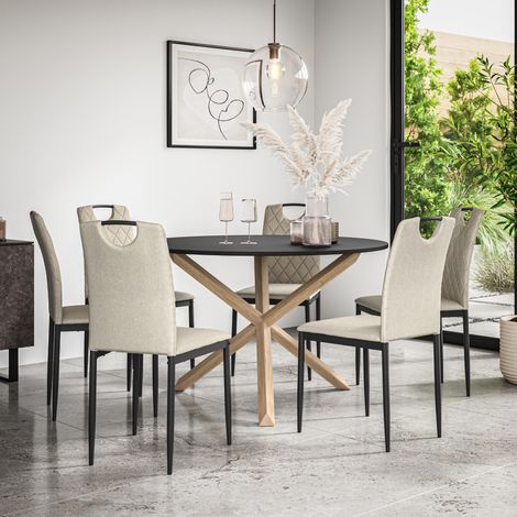 Malvern Round Dining Table And Chairs - Black Table Top w Solid Oak Legs + Monza Fabric Dining Chair Set Of 6 (Beige) (1/5)