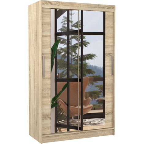Les Tendances – Armoire moderne 120cm – Bois clair avec 2 portes coulissantes miroir – Penderie et étagères réglables – Fabrication européenne (1/5)