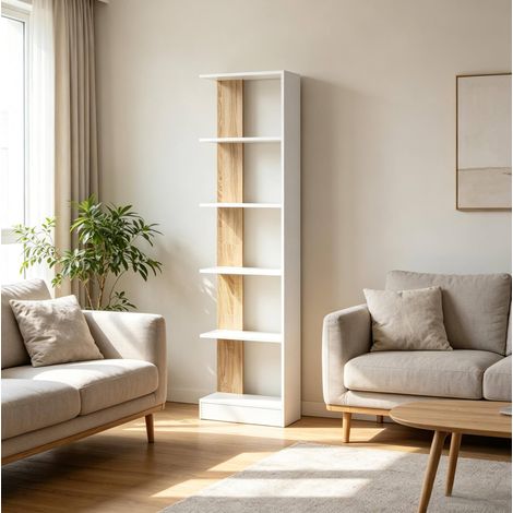 Bücherregal (45x21x170 cm), 5 offene Fächer, mit Kippschutz, Spanplatte, Eiche Weiß (1/5)