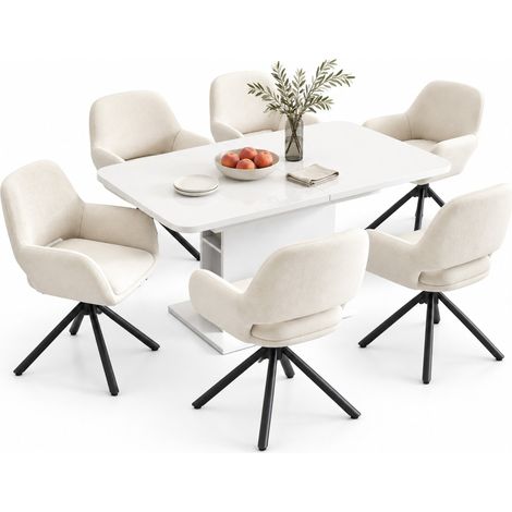 ELVMI Conjunto de Mesa y Sillas con 1 Mesa Extensible y 6 Sillas, Almacenamiento Central, Terciopelo y Metal, Beige (1/5)