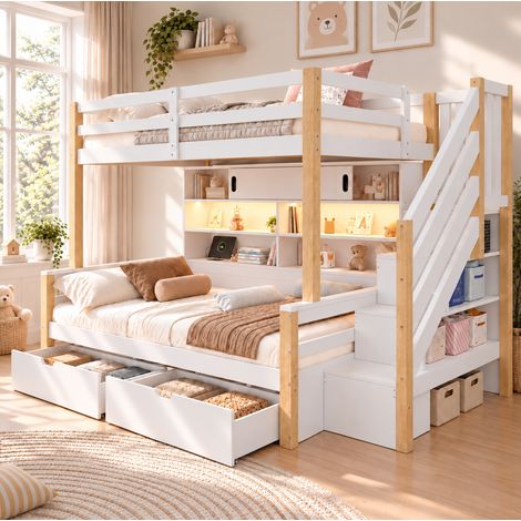 MODFU – Lit superposé 90x200 cm pin/MDF – LED, USB-C et escalier rangements – Portes coulissantes et 120 kg – Chambre – Blanc (1/5)