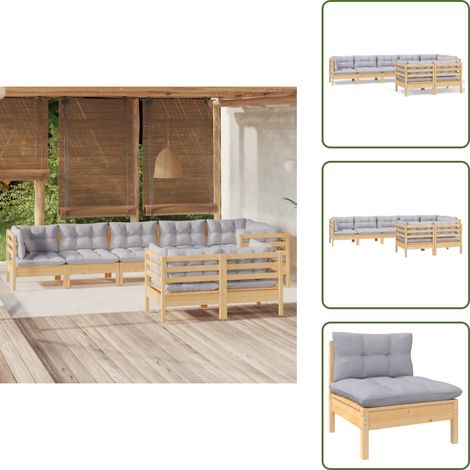 8-tlg. Garten-Lounge-Set mit Grauen Kissen Kiefer Massivholz - Gartensessel - Lounge Set - Gartenmöbel - Outdoor Möbel - Rattan Sessel (1/5)
