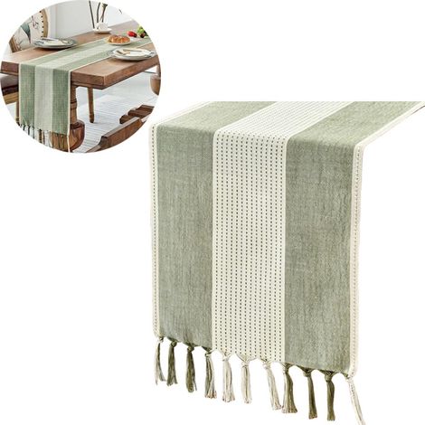 Chemin de table en lin et coton, 33 x 140 cm, vert, avec pompons, style rustique, idéal pour décorer les tables lors des fêtes, repas et réceptions (1/5)