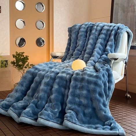 Couverture Polaire Épaisse Bulle Imitation Fourrure de Lapin, Plaid Flanelle Uni 150x200cm, Jeté de Canapé, Couvre-Lit,Bleu (1/5)