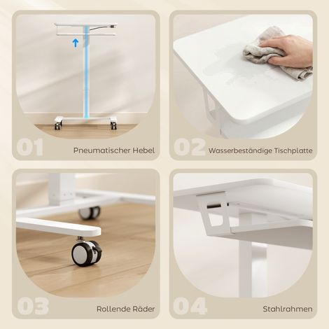 Bureau assis-debout réglable en hauteur, table de travail mobile sur roulettes avec plateau clavier, cadre en acier robuste, finition blanche, idéal pour bureau à domicile. (1/5)
