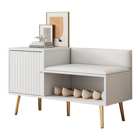 Meuble à chaussures blanc, avec espace de rangement, coussin d'assise et dossier rembourrés — doté de poignées et de pieds en métal, il est idéal pour l'entrée, 100 × 40 × 58 cm (1/5)
