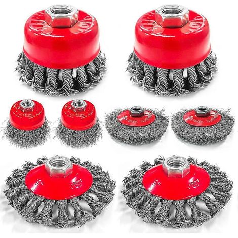 Ensemble de 8 brosses métalliques pour meuleuse d'angle de 11,4 cm (4-1/2 po) : brosses à godet nouées et ondulées à gros grain de 10,2 cm (4 po) et 7,6 cm (3 po) avec arbre fileté 5/8-11 pour le déca (1/5)
