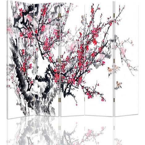 Paravent Motif Cerisier Japonais pour Décoration Zen - 180 x 180 cm - 1 face déco, 1 face noir
