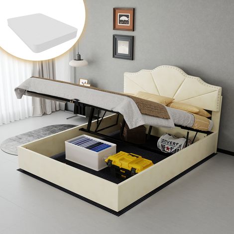 Lit rembourré minimaliste moderne, tête de lit confortable et douce, 140200CM, beige, meuble de chambre multifonctionnel, lit coffre haut avec vérin pneumatique, matelas 140200CM inclus.