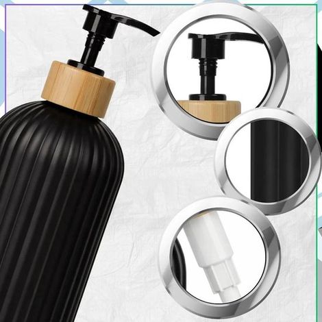 500 ml Seifenspender, schwarze Pumpflasche, Holzmaserung, Badezimmer. (1/3)