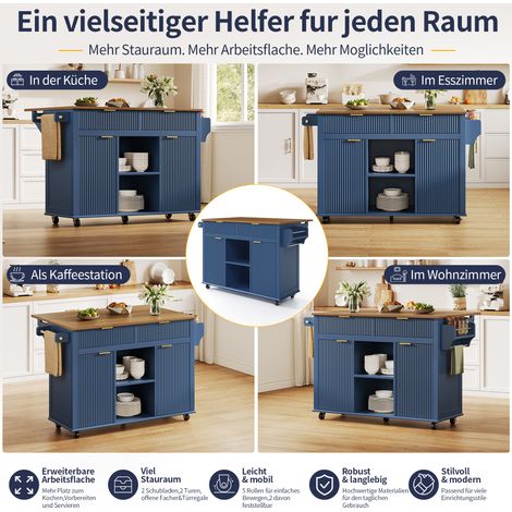 Îlot de cuisine roulant 120 x 45 cm avec plan de travail rabattable, chariot de cuisine à 2 tiroirs, 2 portes, étagères à épices et porte-serviettes, meuble de rangement mobile sur roulettes, bleu clo (1/5)