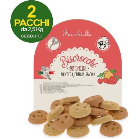 Biscotti Biscrocchi Bottoncini con albicocca, ciliegia e fragola per cani 2 pacchi da 2,5 kg ciascuno