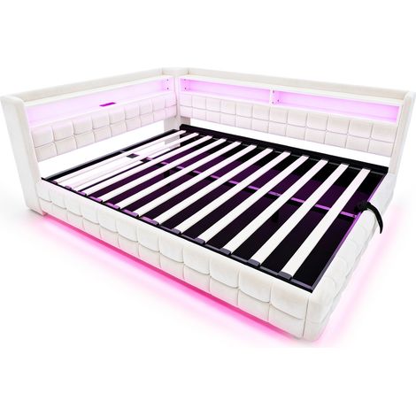 Letto contenitore multifunzione 140 x 200 cm in velluto beige con LED, prese e USB-C (1/5)