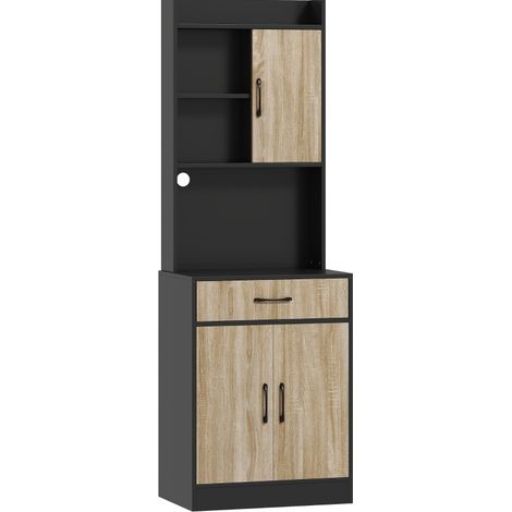 Buffet en bois naturel avec tablette de travail, tiroir et 3 étagères ouvertes, noir (1/5)