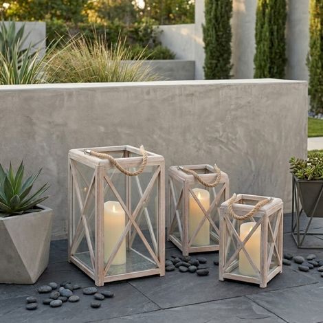 Trio Distressed Wood Garden Lanterns (1/2)