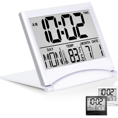 Réveil de voyage numérique - Minuteur de température pliable avec écran LCD et fonction Snooze - Grand affichage numérique - Horloge de bureau compacte (Argent, sans rétroéclairage) (1/5)