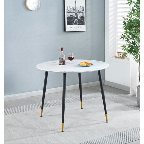 Hallowood Furniture Finley Small Round Table, 100cm Marble Effect Top White Dining Table with Black Metal Legs for Dining, Breakfast, Coffee, Kitchen, Home Office, and Café Use