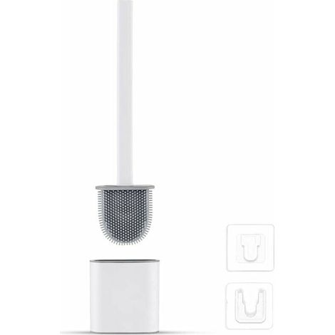 KZQ Silicone Flat Toilet Brush - Toilet Brush and Holder, Anti-drip, Antibacterial, Ventilated Toilet Brush, Quick Drying and Odorless, Wall/Floor Mounted Toilet Brush, Bathroom and Toilet, White (1/4)
