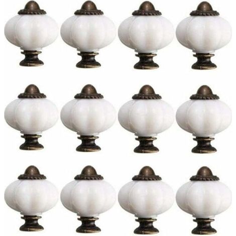 Lot de 12 boutons de porte de meuble de style vintage (30 mm), en céramique blanche, avec 12 vis. (1/4)