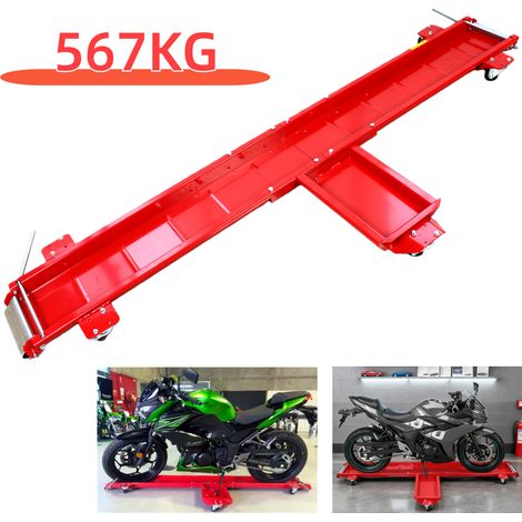 Support de présentation pour moto, capacité de charge 567 kg, 5 roues mobiles + freins latéraux, pour motos tout-terrain et roadsters (largeur de pneu max 20 cm) – Rouge (1/5)