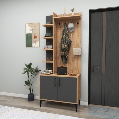 Mueble de Entrada Formigaro, 6 Pares, 7 Estantes, Perchero, 74x33x183h cm Roble Marrón Nudos (1/4)