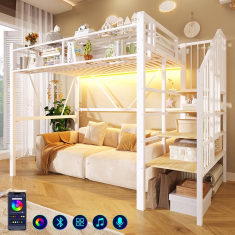 Cama alta 90x200 cm – Cama juvenil de metal con escalera, estantería, cesta, almacenamiento inferior y LED, sin colchón, blanca (1/5)