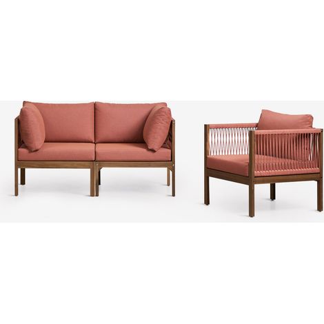 Ensemble de salon avec canapé modulaire 2 pièces avec accoudoirs et fauteuil en bois d'acacia Branson SKLUM Terracotta - Brun Acacia