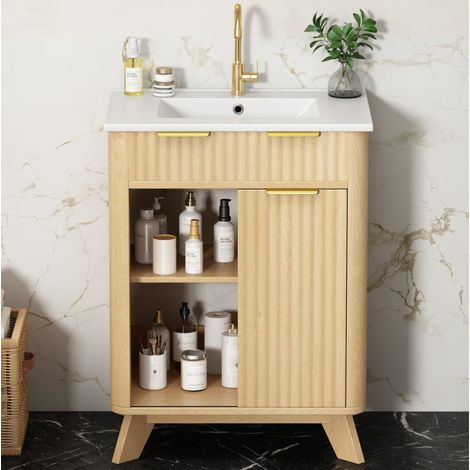 Meuble sous-vasque 61 cm à 3 tiroirs, porte coulissante et motif ondulé, naturel bois (1/5)