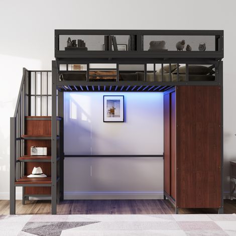 Lit superposé en acier 90x200 cm noir, avec rangement intégré, échelle de sécurité, éclairage LED, filets de protection, étagères démontables