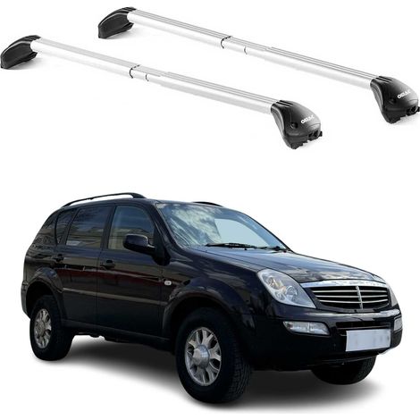 OMAC Barres de toit transversales certifiées TÜV pour Ssangyong Rexton 2001-2006 – Verrouillables (4 antivols) – Charge max 100 kg – Sangle inox + protection caoutchouc Argent (1/5)