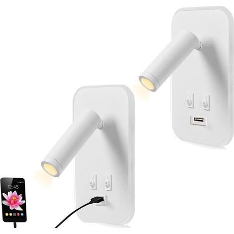 2pcs Applique Murale LED Lampe de Lecture de Chevet Applique Murale de Chevet Réglable avec Port de Charge USB et Interrupteur Couloir Appliques Murales (Blanc) (1/3)