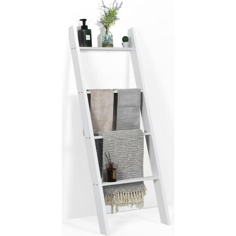 Portasciugamani inclinato a 4 ripiani, mensola da bagno in legno di pino, 50 x 7,5 x 136,5 cm, bianco (1/5)