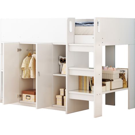 Hochbett Einzelbett mit Schrank, Regalen und Leiter 90×200 cm, ohne Matratze, aus Massivholz, Weiß (1/5)