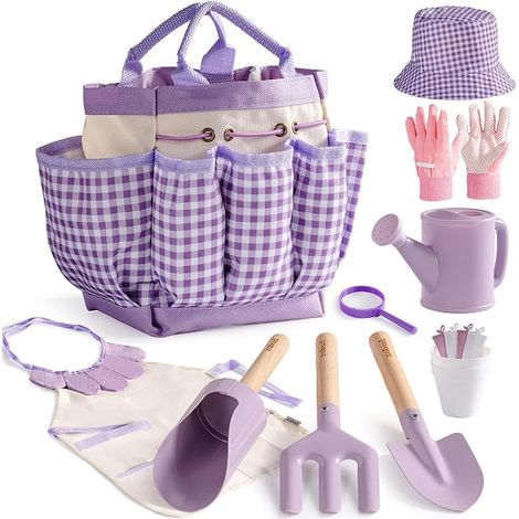 Kids Gardening Set with Watering Can, Apron, Fork and Shovel, Cylindrical Shovel, Gardening Gloves and Tote Bag, Outdoor Garden Toys for (1/5)