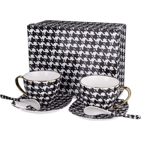 Tasse mit Untertasse und Löffel 2+2+2 Porzellan weiß, schwarz (1/5)
