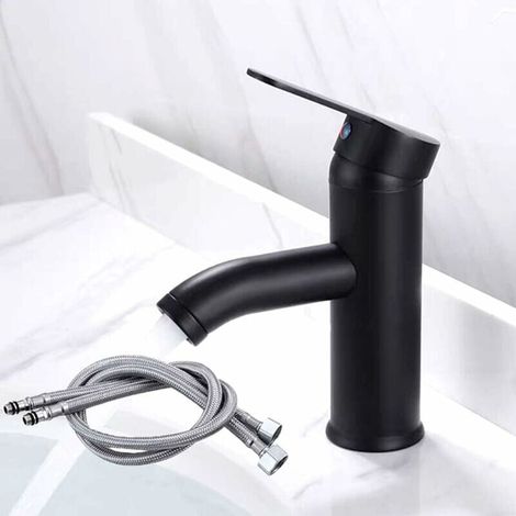 Noir Mat Mitigeur Lavabo Acier Inoxydable,Robinet de Lavabo avec Eau Froide Chaude Disponible,avec Cartouche Céramique (1/5)