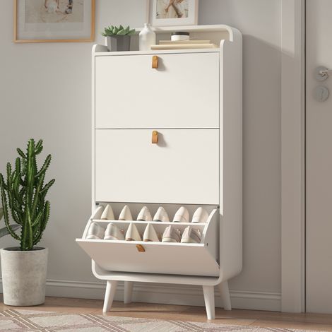 Meuble à chaussures MDF blanc avec 3 abattants, plateau supérieur et pieds en bois massif (1/5)