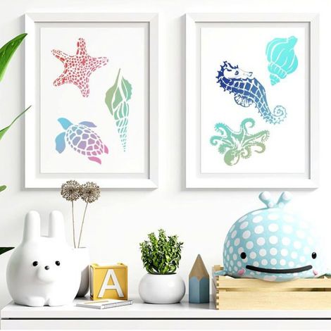 Set de 8 pochoirs réutilisables de créatures marines pour peinture et dessin idéal scrapbooking et décoration murale (1/4)