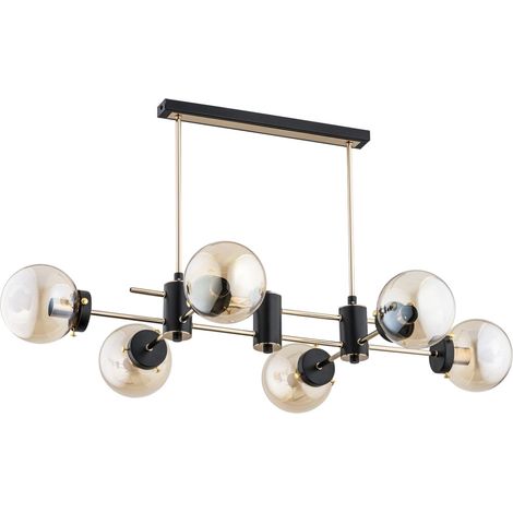 Alfa Linio Sola Modern 6-Light Chandelier Ceiling Pendant, Black/Gold Metal with Amber Glass Shades, E14 Max 6x40W, Dimmable Indoor IP20, 96x57x51 cm for Living Room Dining (1/2)