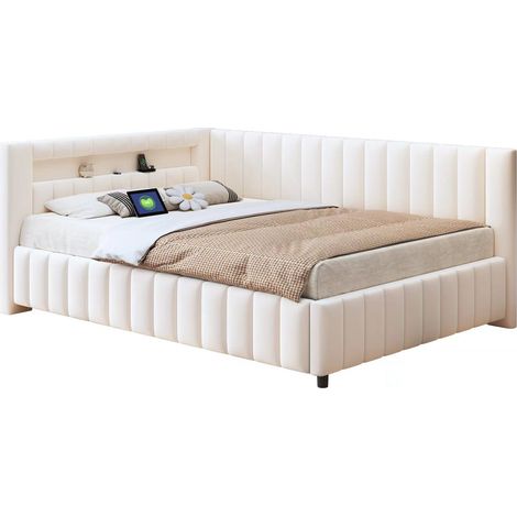Canapé-lit 140x200 cm en velours beige, design en L, LED multicolore et port USB, sommier à lattes inclus (1/5)