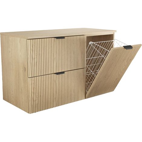 Set di mobili da bagno: 2 cassetti 60 cm + cesto portabiancheria 40 cm, piano d'appoggio da 100 cm, f. scanalato, rovere cremona, 100 × 47 × 60 cm