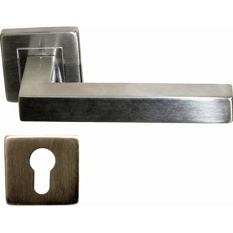 Manilla de Puerta COLETTE Cuadrada de 20 x 10 con Rosetas de Acero inoxidable 304, Finamente Satinada. Sección de la manivela: 2  + 2 rosas cilíndro