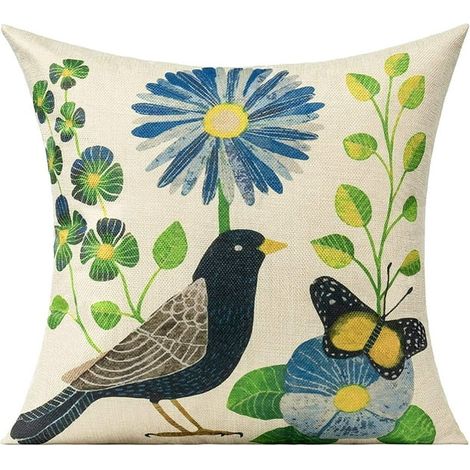 Outdoor-Kissenbezüge 20x20 cm, 4er-Set, Retro-Sommerstil mit Vogel- und Blumenmotiv, dekorative Kissenbezüge für Gartenbank, Sofa und Terrasse