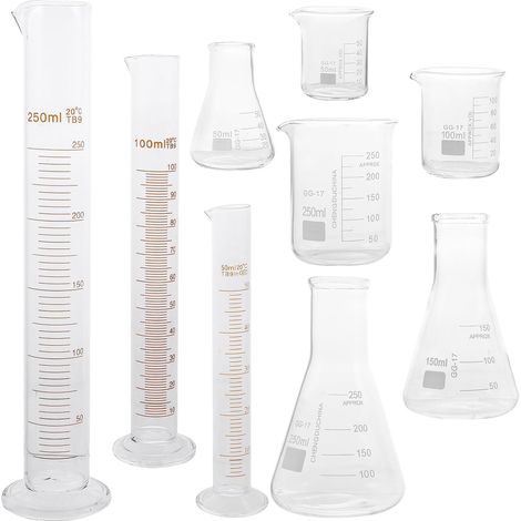 Ensemble de Verrerie de Laboratoire 9 Pièces en Verre Graduations Faciles à Lire, Résistance aux Hautes Températures, Capacités 50ml 100ml 150ml 250ml (1/5)