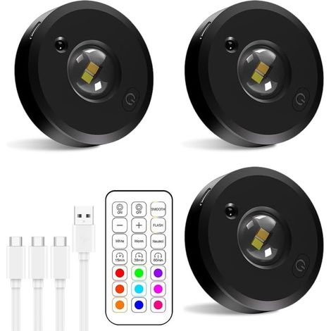 Batterie LED rechargeable USB, éclairage d'armoire RGB sans fil à changement de couleur avec télécommande, éclairage indirect rond avec 3 températures de couleur et minuterie (lot de 3) (1/5)