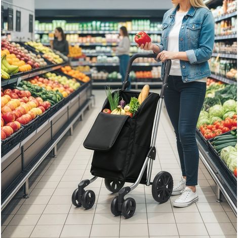 Chariot de courses pliable 58x44x100 cm en polyester noir, avec rangement, gain de place FloraGrace (1/5)