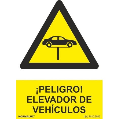 Señal de ¡Peligro Elevador de Vehículos SEKURECO                         100 x 150 mm                          ADHESIVOS DE VINILO (1/2)