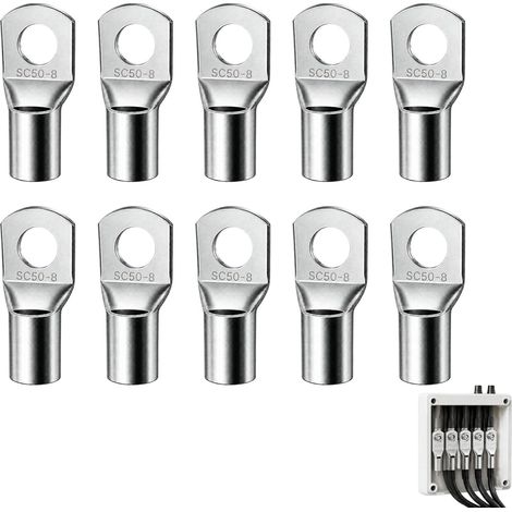 10 pièces Cosses à œillet 50mm² M8 en cuivre étamé non isolées, cosses de câble à sertir connecteur anneau Ø M8 pour câble 50 mm² batterie voiture, installation électrique, coffret de distribution (1/5)