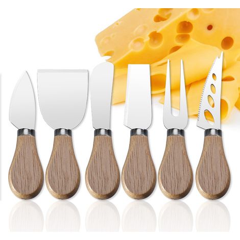 Un ensemble de 6 couteaux à fromage, avec manches en bois et lames en acier inoxydable, pour la pâtisserie et la fabrication de fromage. (1/5)